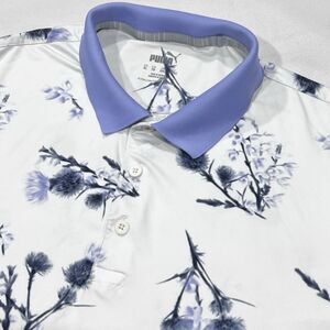 PUMA Performance Men Purple Floral Pattern Short Sleeve Golf Polo Shirt Size XL